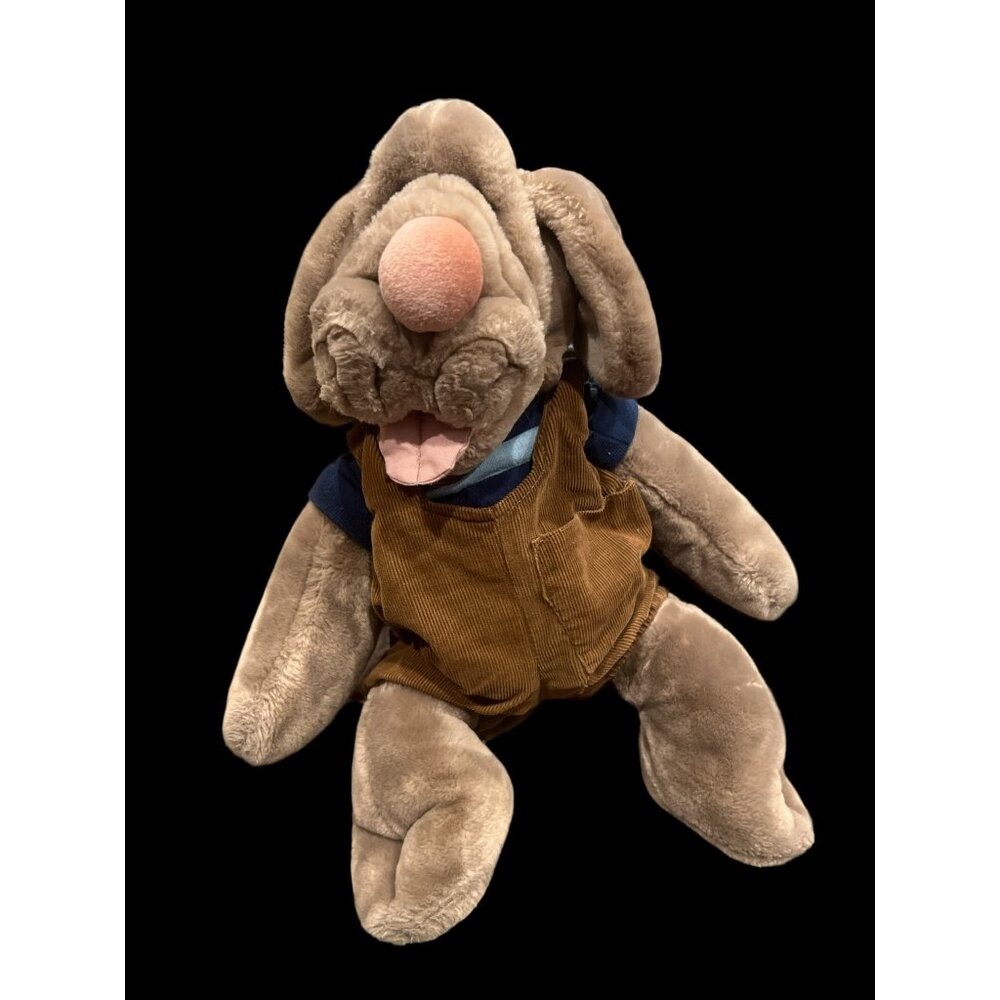 Ganz Vintage 1981 Wrinkles Plush Dog Hand Puppet Tan Pup Brown Corduroy Overalls
